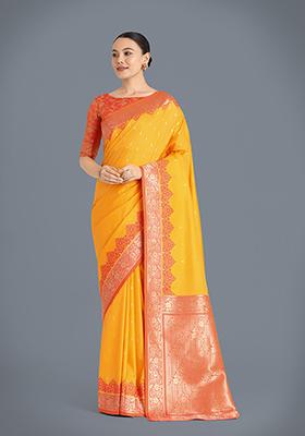 Yellow Embroidered Silk Saree Set