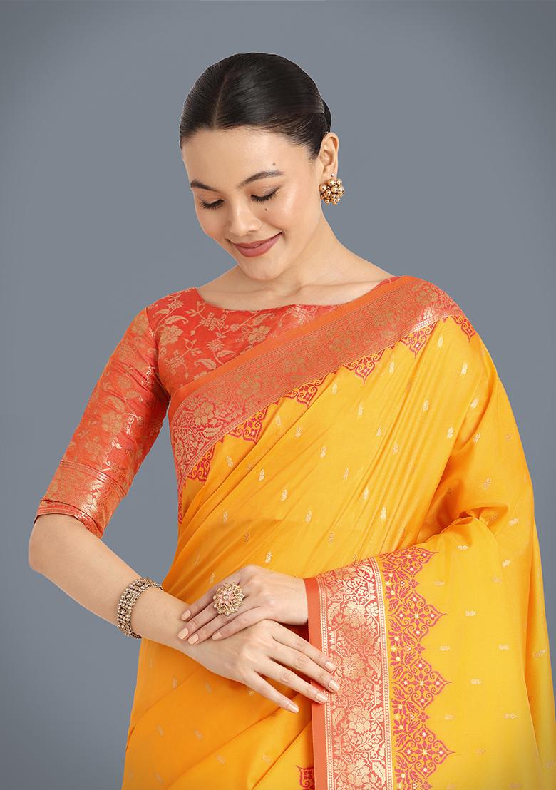 Yellow Embroidered Silk Saree Set
