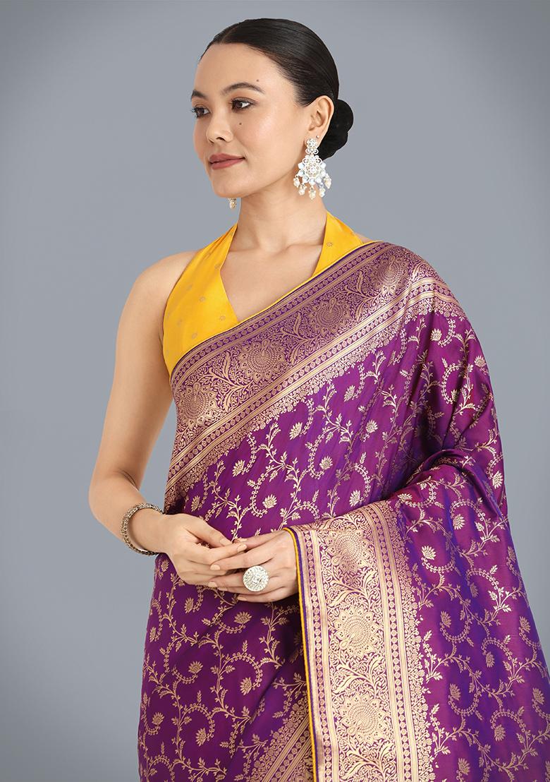 Purple Zari Woven Silk Saree Set