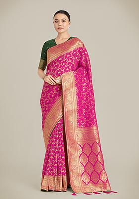 Rani Pink Zari Woven Silk Saree Set
