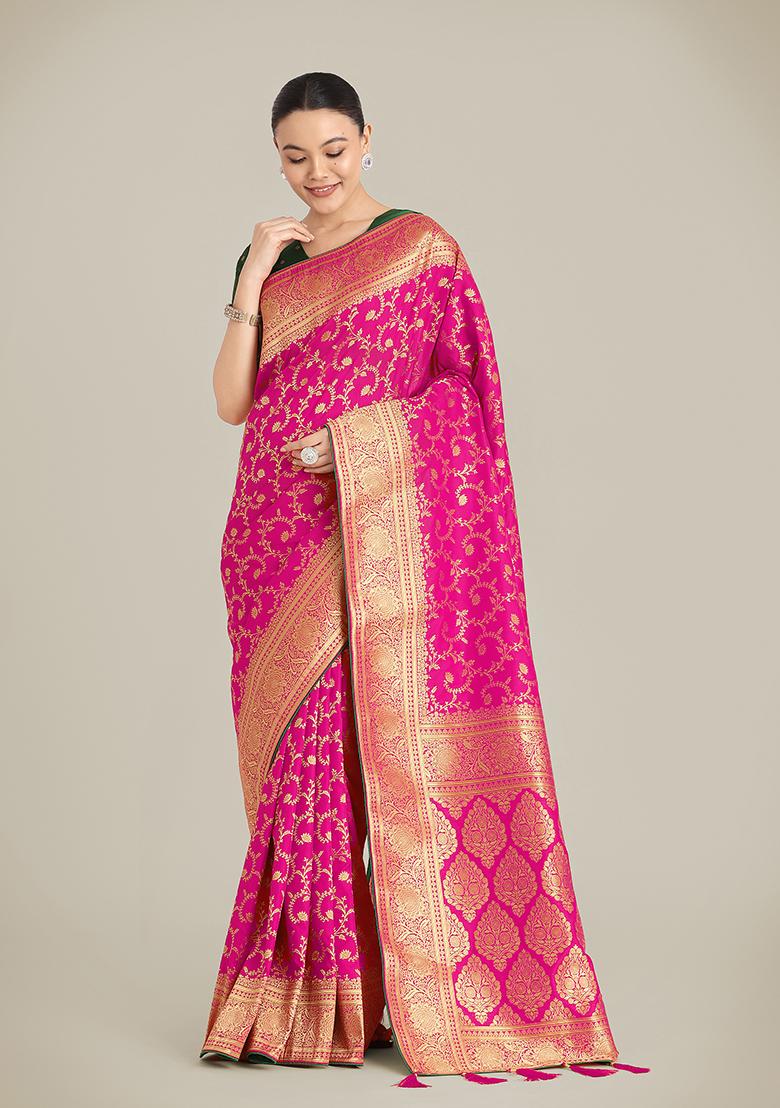 Rani Pink Zari Woven Silk Saree Set