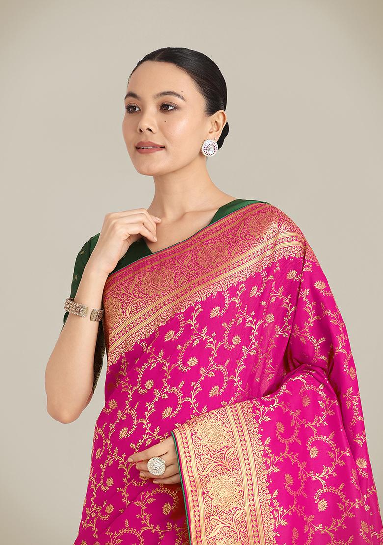 Rani Pink Zari Woven Silk Saree Set