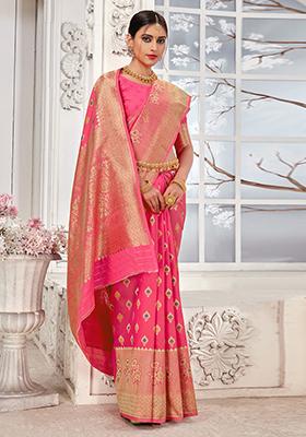 Pink Embroidered Silk Saree Set