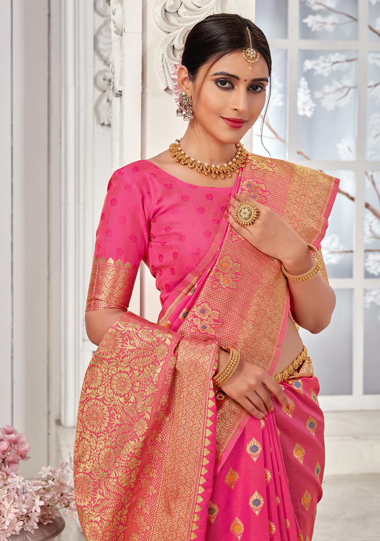 Pink Embroidered Silk Saree Set