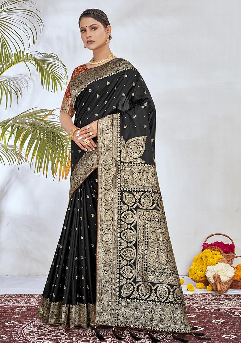Black Zari Woven Silk Saree Set