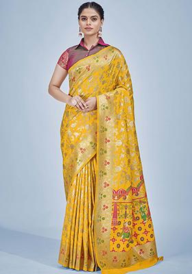 Yellow Zari Woven Silk Saree Set