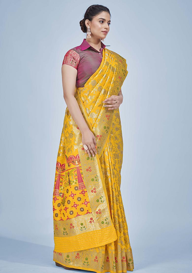 Yellow Zari Woven Silk Saree Set