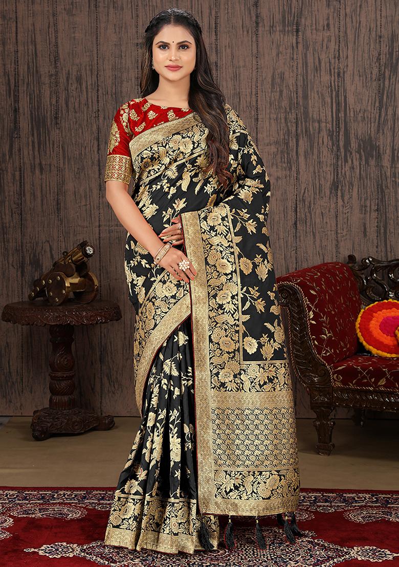Black Zari Woven Silk Saree Set