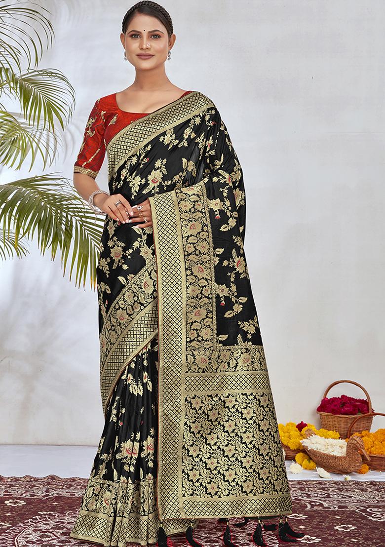 Black Zari Woven Silk Saree Set