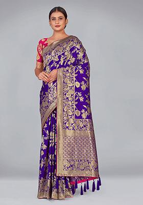 Violet Zari Woven Silk Saree Set