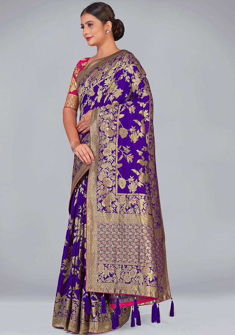 Violet Zari Woven Silk Saree Set