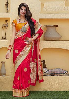 Scarlet Red Embroidered Silk Saree Set