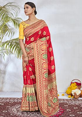 Red Embroidered Silk Saree Set