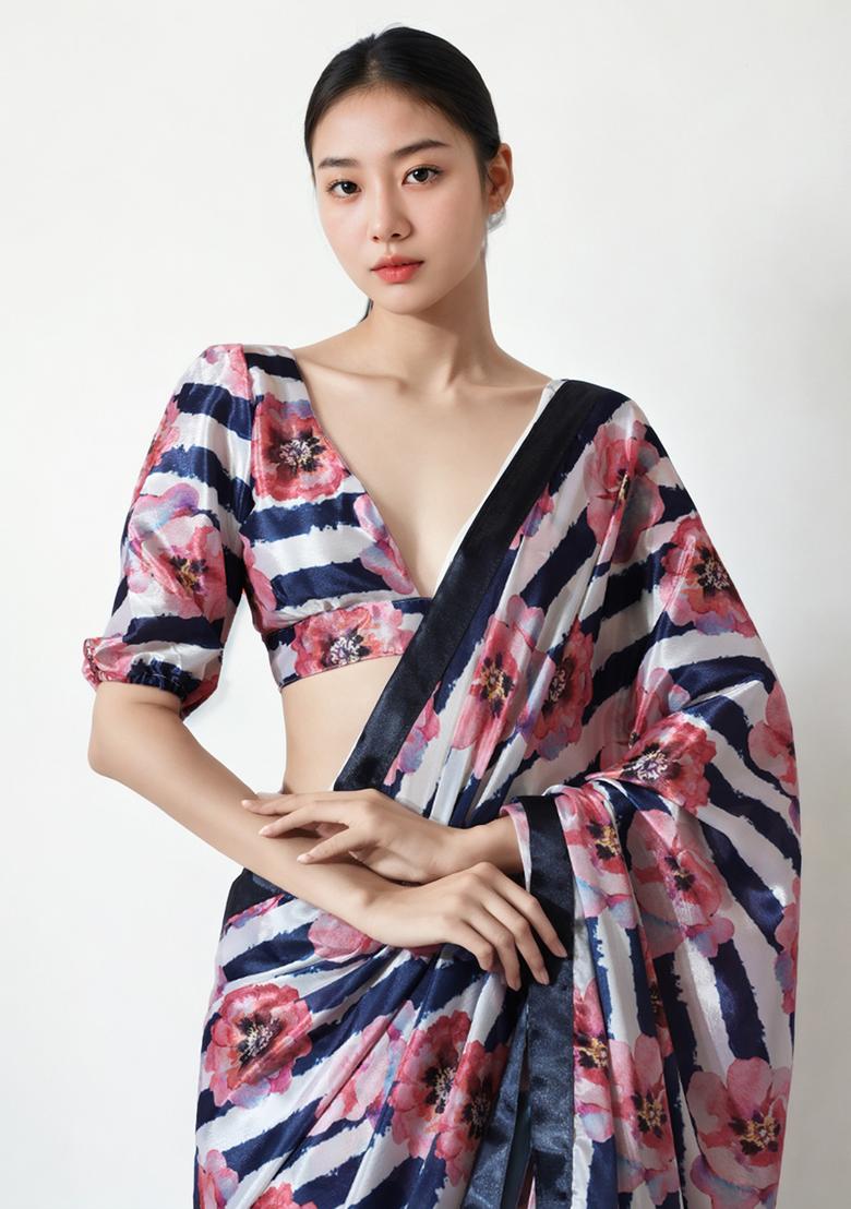 Multicolor Digital Print Chinon Pre Stitched Saree