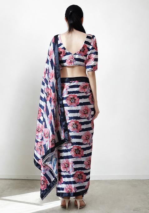 Multicolor Digital Print Chinon Pre Stitched Saree