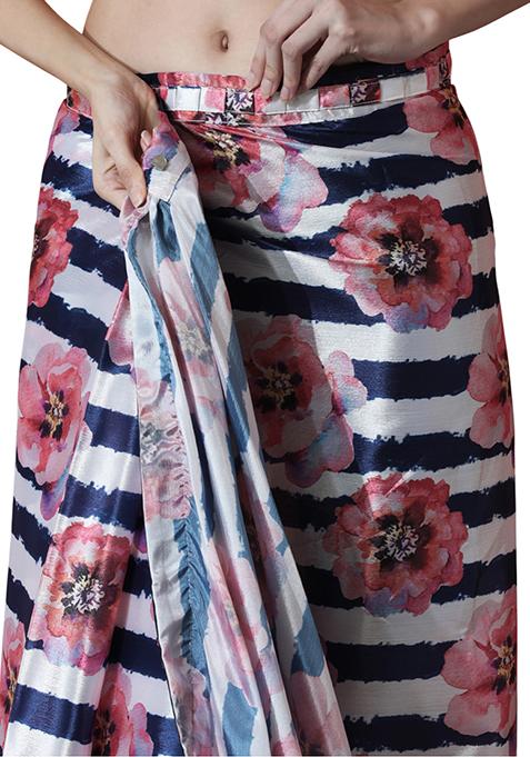 Multicolor Digital Print Chinon Pre Stitched Saree