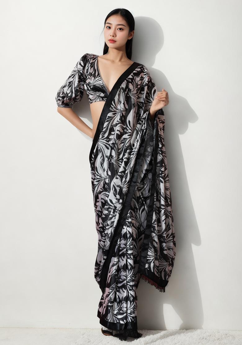 Black Digital Print Chinon Pre Stitched Saree
