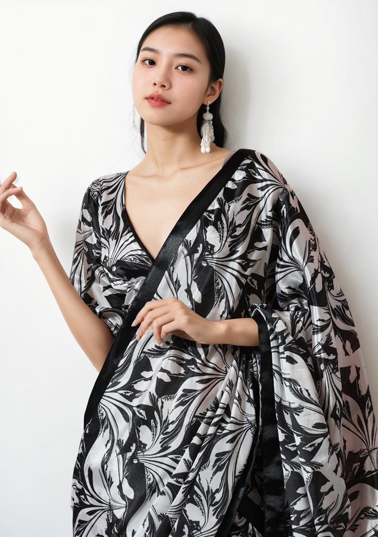 Black Digital Print Chinon Pre Stitched Saree