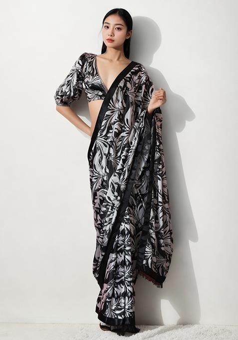 Black Digital Print Chinon Pre Stitched Saree