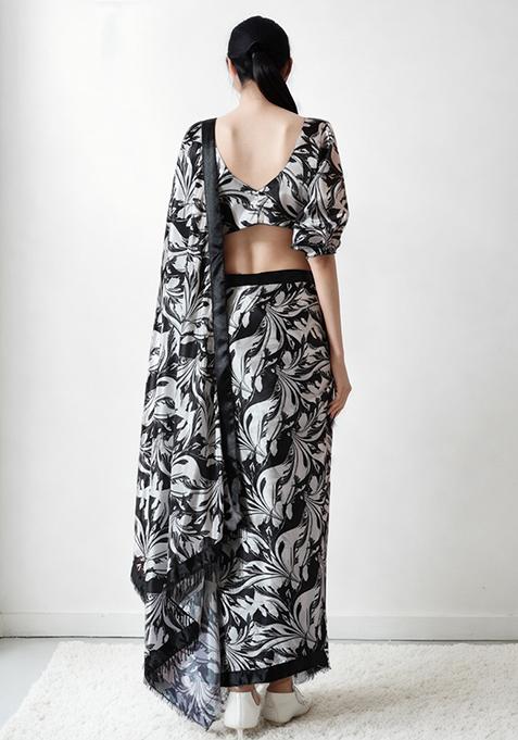 Black Digital Print Chinon Pre Stitched Saree