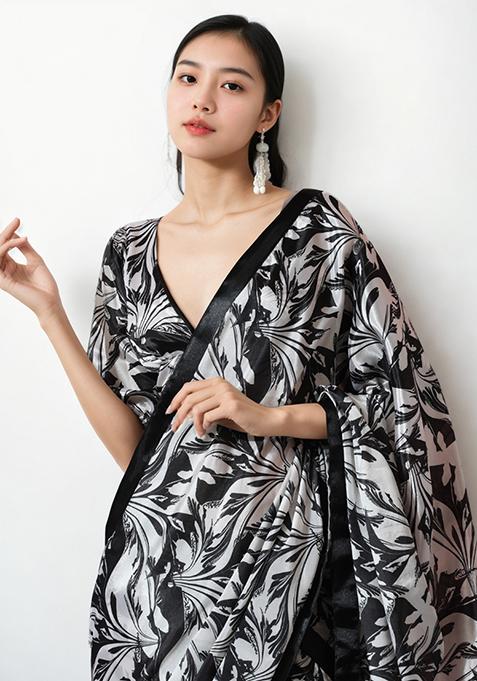 Black Digital Print Chinon Pre Stitched Saree