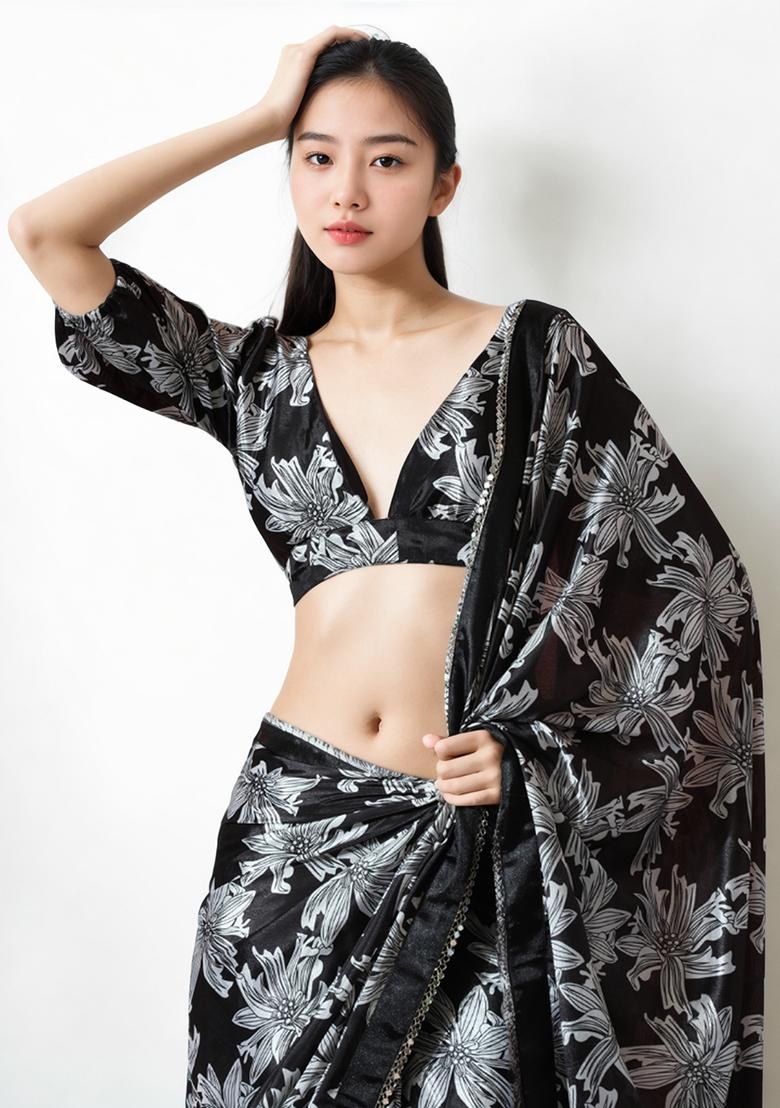 Black Digital Print Chinon Pre Stitched Saree
