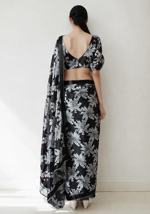 Black Digital Print Chinon Pre Stitched Saree