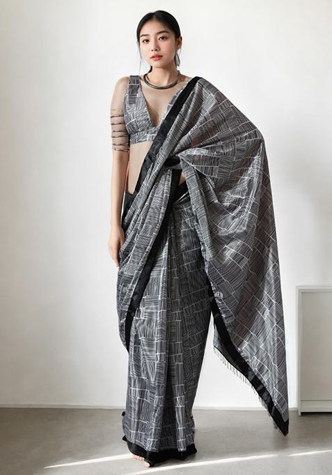 Black Digital Print Chinon Pre Stitched Saree