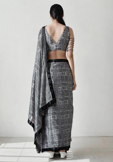 Black Digital Print Chinon Pre Stitched Saree