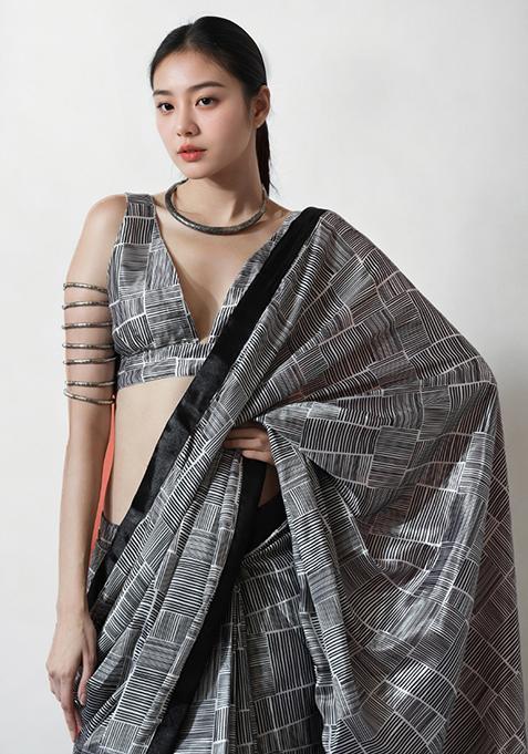 Black Digital Print Chinon Pre Stitched Saree