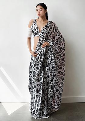 Grey Digital Print Chinon Pre Stitched Saree