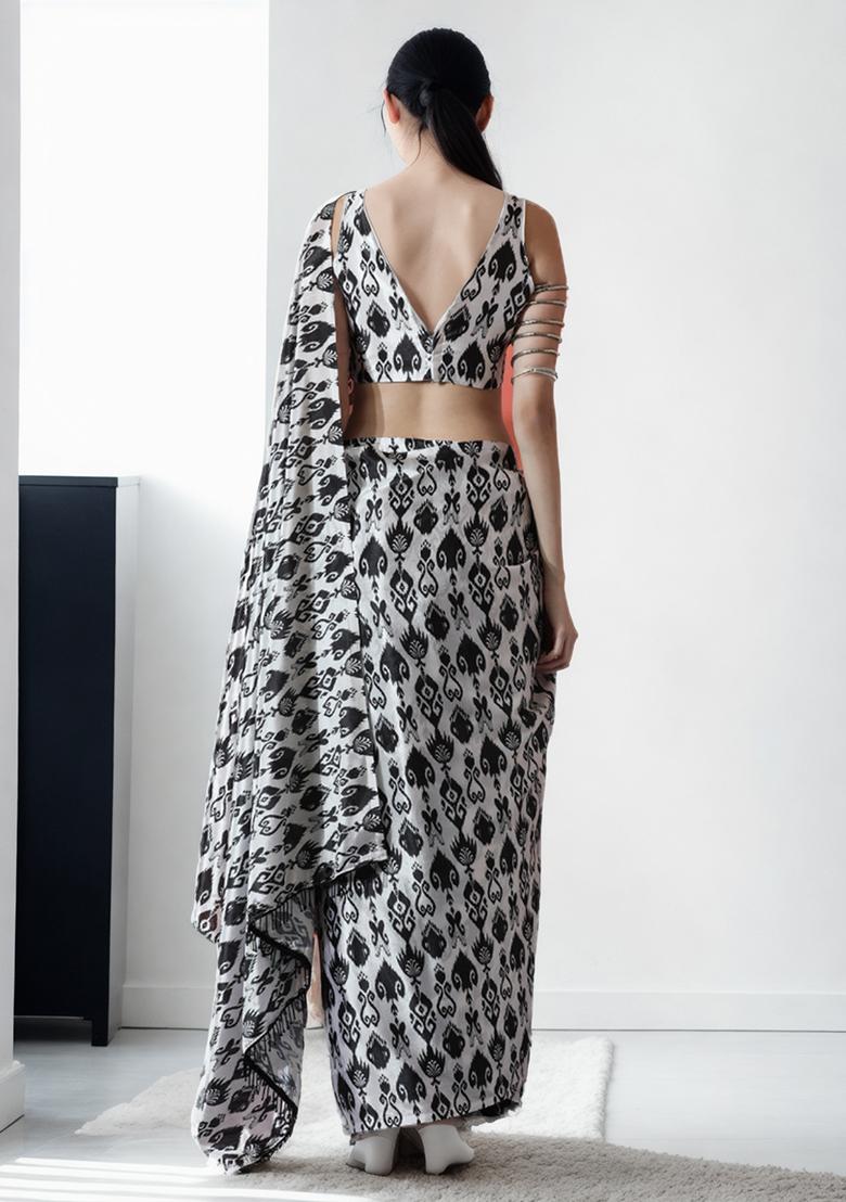 Grey Digital Print Chinon Pre Stitched Saree