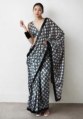 Black Digital Print Chinon Pre Stitched Saree