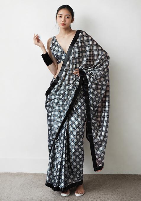 Black Digital Print Chinon Pre Stitched Saree
