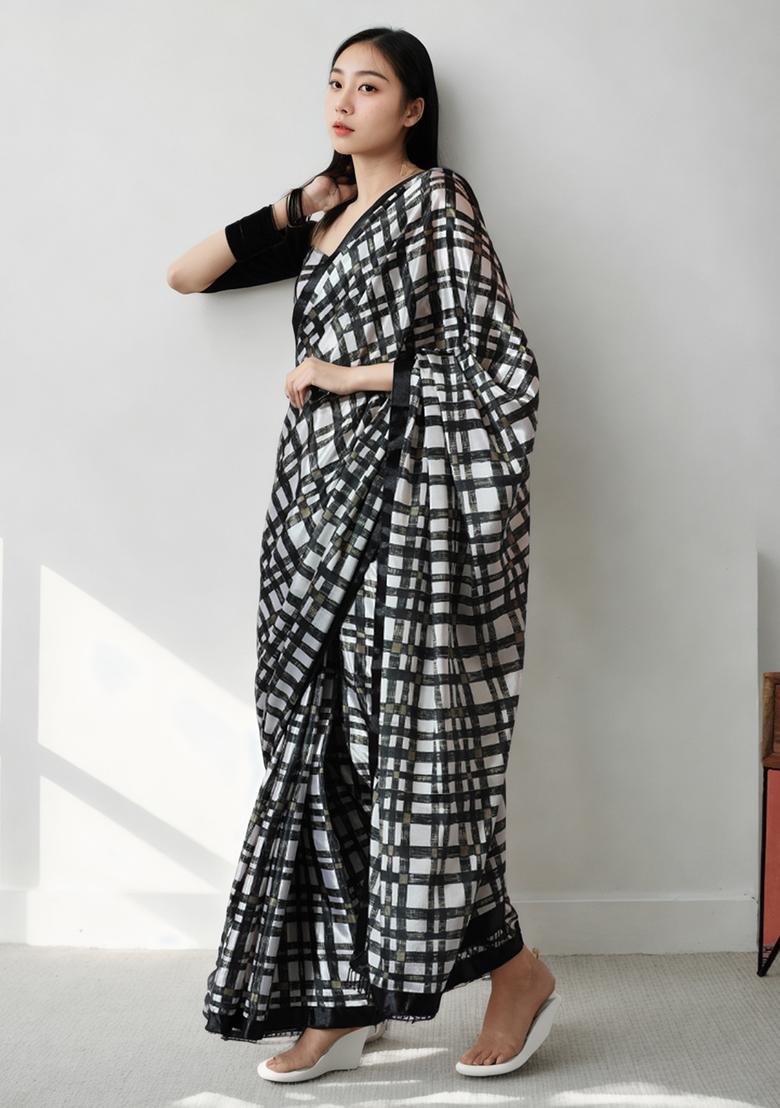 Black Digital Print Chinon Pre Stitched Saree