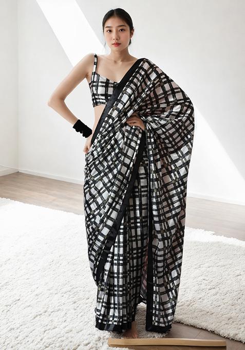 Black Digital Print Chinon Pre Stitched Saree