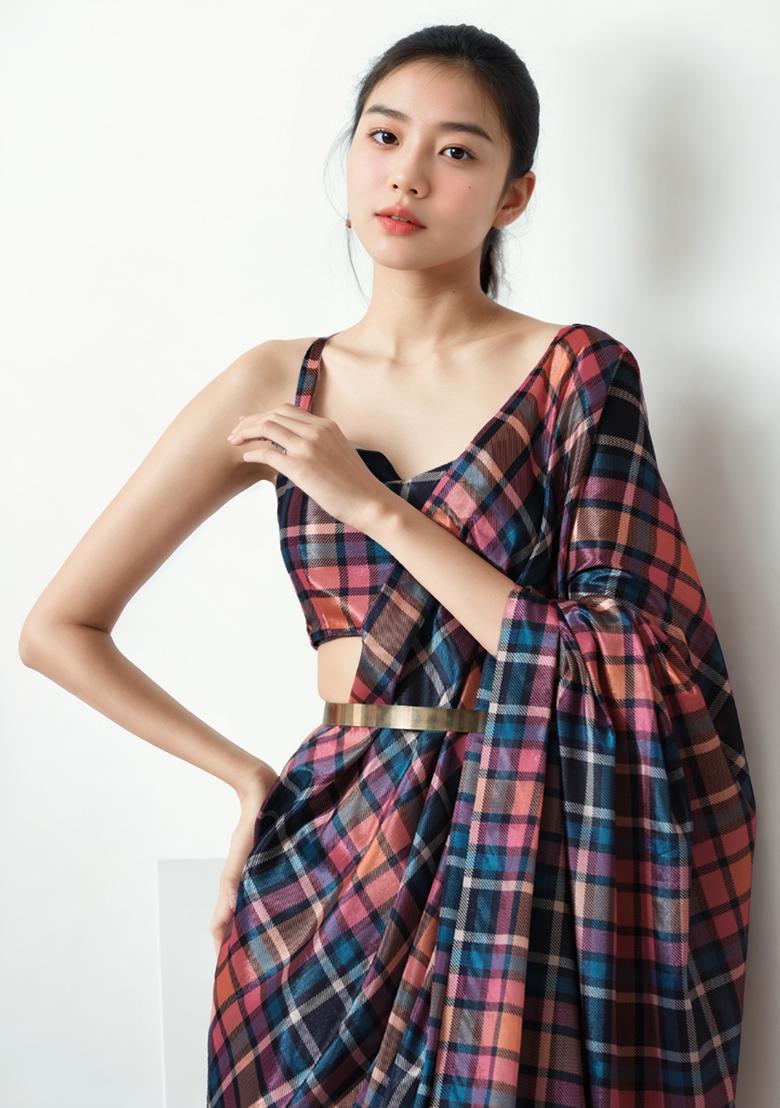 Multicolor Digital Print Chinon Pre Stitched Saree