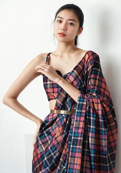 Multicolor Digital Print Chinon Pre Stitched Saree