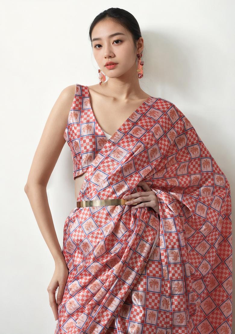 Multicolor Digital Print Chinon Pre Stitched Saree