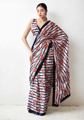 Cream Digital Print Chinon Pre Stitched Saree