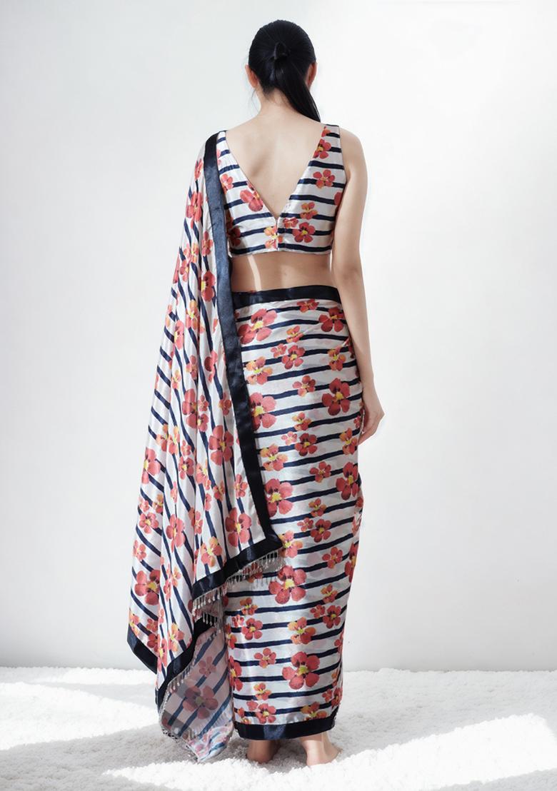 Cream Digital Print Chinon Pre Stitched Saree