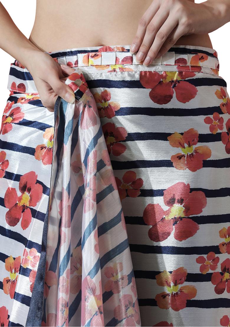 Cream Digital Print Chinon Pre Stitched Saree