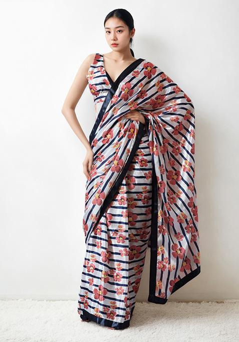 Cream Digital Print Chinon Pre Stitched Saree