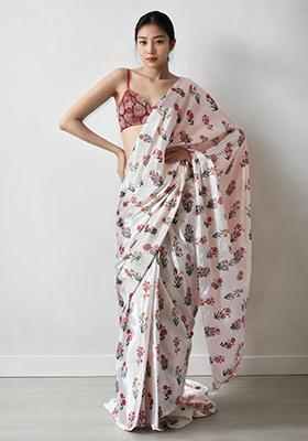 Cream Digital Print Chinon Pre Stitched Saree