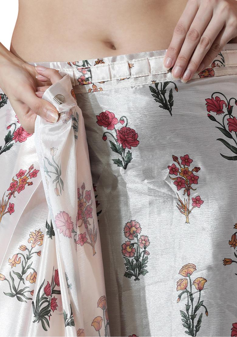 Cream Digital Print Chinon Pre Stitched Saree