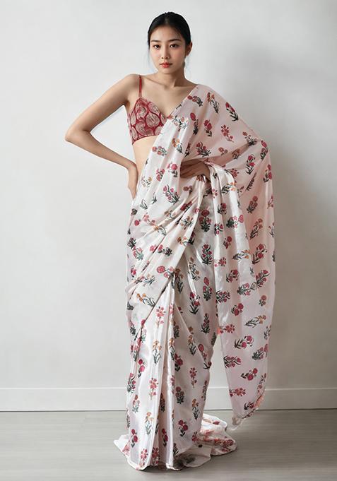 Cream Digital Print Chinon Pre Stitched Saree
