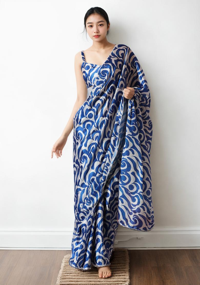 Blue Digital Print Chinon Pre Stitched Saree