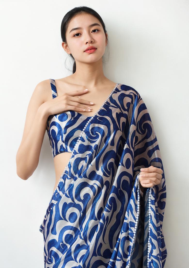 Blue Digital Print Chinon Pre Stitched Saree