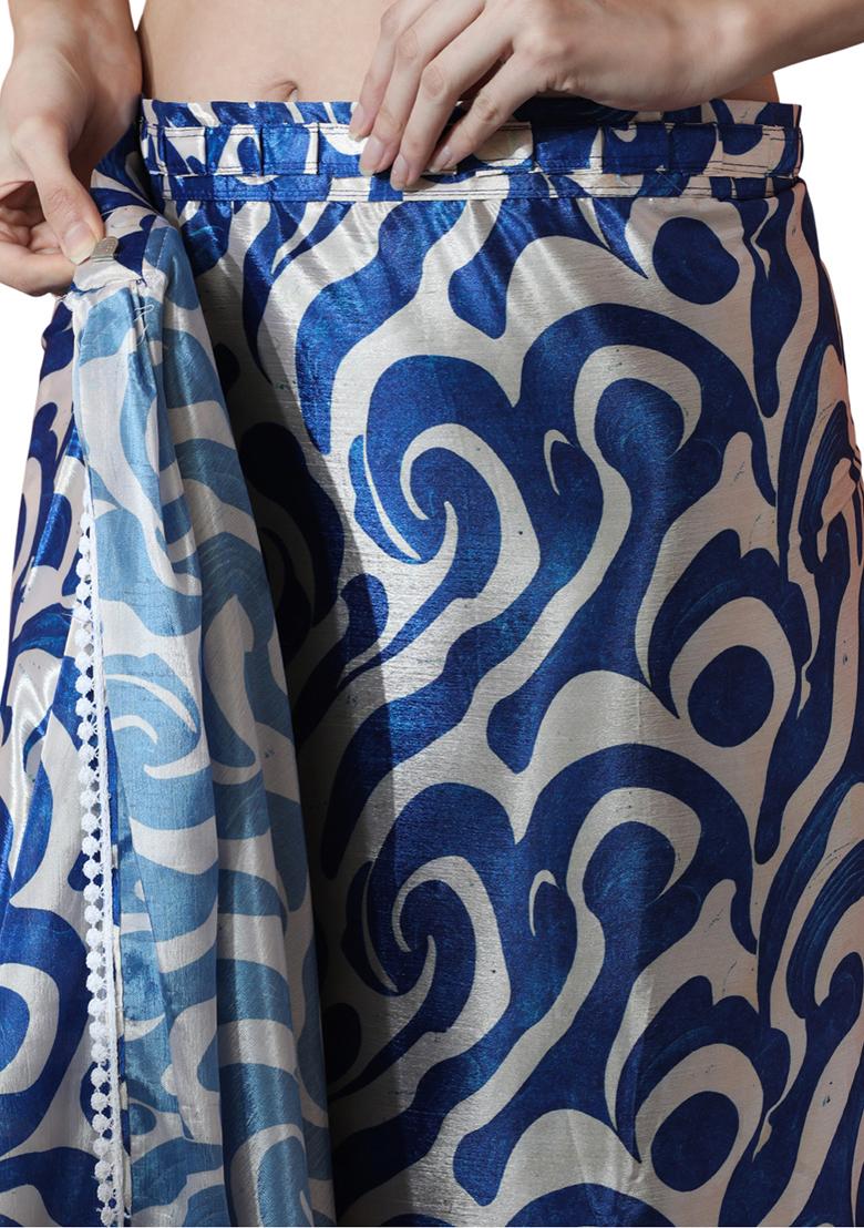 Blue Digital Print Chinon Pre Stitched Saree