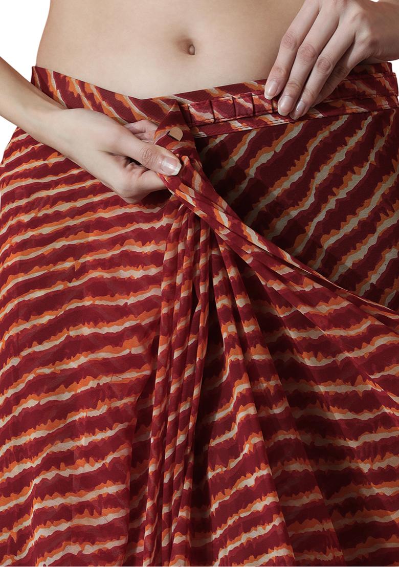 Red Printed Chiffon Pre Stitched Saree